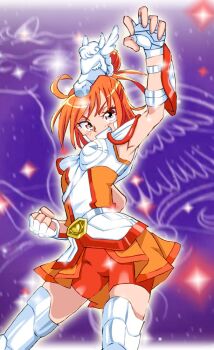 1girl 2026 20s ahoge animal_hat armor armored_boots belt bike_shorts blush boots chinese_zodiac claw_pose constellation cosplay crossover cure_sunny dress fingerless_gloves gloves grin hair_bun happy_new_year hat heart_belt_buckle hino_akane_(smile_precure!) horse_hat looking_at_viewer new_year onnaski orange_bike_shorts orange_dress orange_hair pegasus pegasus_(constellation) pegasus_seiya pegasus_seiya_(cosplay) precure red_eyes saint_seiya shoulder_armor sky smile smile_precure! space sparkle standing star_(sky) starry_sky teeth thigh_boots white_armor white_belt white_boots white_gloves white_hat wrist_guards year_of_the_horse