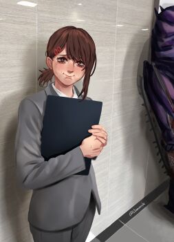 1boy 1girl absurdres araki_saori brown_eyes brown_hair chainsaw_devil chainsaw_man closed_mouth cosplay formal_clothes grey_jacket grey_pants grey_suit hair_ornament hairclip higashiyama_kobeni highres jacket l1amanade looking_at_viewer meme mole mole_under_eye office_lady pant_suit pants photo-referenced photo_background ponytail short_ponytail single_sidelock suit suit_jacket