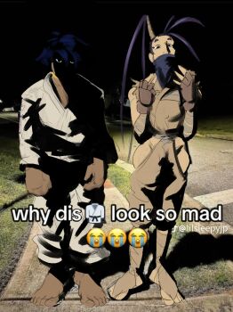 2girls antenna_hair barefoot choker clenched_hand clothing_cutout dougi emoji fingerless_gloves gloves highres hip_vent ibuki_(street_fighter) makoto_(street_fighter) meme motoyui muffynbunarts multiple_girls ninja short_hair street_fighter tomboy why_dis_ninja_look_so_mad_(meme) yellow_choker