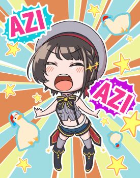 1girl absurdres artist_request backwards_hat bad_id bad_pixiv_id bare_shoulders belt beret bird black_boots black_bow black_bowtie blush boots bow bowtie braid breasts brown_hair closed_eyes clothing_cutout duck english_text grey_hat grey_shirt grey_thighhighs hair_ornament hairpin hat highres hip_vent hololive medium_hair midriff navel oozora_subaru oozora_subaru_(suspenders) open_mouth shirt shorts side_braid single_braid sleeveless sleeveless_shirt small_breasts solo star_(symbol) striped_clothes striped_shirt subaru_duck suspenders teeth thighhighs upper_teeth_only vertical-striped_clothes vertical-striped_shirt virtual_youtuber white_belt