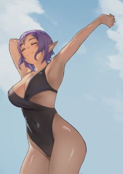 1girl closed_eyes cloud cloudy_sky commentary commission dark-skinned_female dark_elf dark_skin elf english_commentary kizmel leotard meruru1247 outdoors pointy_ears purple_hair sky smile solo sword_art_online sword_art_online_progressive tagme thighs
