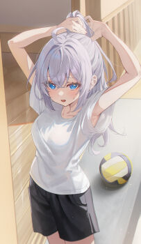 1girl absurdres ahoge alisa_mikhailovna_kujou armpits arms_behind_head arms_up black_pants blue_eyes blush breasts commentary_request cowboy_shot crossed_bangs grey_hair gym_uniform hair_between_eyes highres kerno large_breasts light_particles long_hair looking_at_viewer open_mouth pants shirt short_sleeves solo tokidoki_bosotto_roshia-go_de_dereru_tonari_no_alya-san volleyball white_shirt wooden_floor