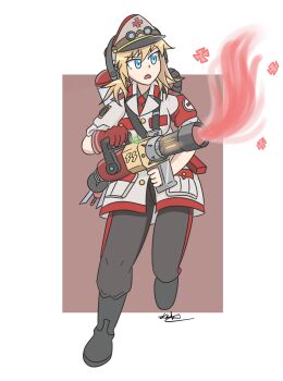 1girl artist_name blonde_hair blue_eyes boots breasts collar collared_shirt cross gloves goggles gun highres iron_cross kneecap medi_gun medic_(tf2) necktie officer_cap open_mouth original pants parody phenol_r red_cross shirt signature simple_background ss_runes team_fortress_2 twintails weapon