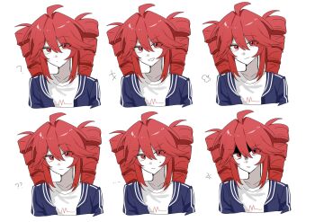 1girl ahoge anger_vein annoyed collarbone commentary english_commentary highres kasane_teto kasane_teto_(utau) long_hair looking_at_viewer multiple_views pealerprpr red_eyes red_hair ringlets shirt simple_background smile solo twintails utau white_background white_shirt