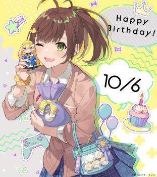 1girl :d ;d absurdres ahoge badge bag bag_charm balloon blue_bag blue_skirt blush bow brown_cardigan brown_hair button_badge cameo candle cardigan character_charm character_doll charm_(object) controller crown cupcake dated diagonal_stripes doll eihi elbow_carry english_text floating_hair food game_controller gift gift_bag green_eyes hair_ornament hairclip hand_up handbag happy_birthday highres holding holding_doll holding_gift kobayashi_shihono lieselotte_riefenstahl long_hair long_sleeves looking_at_viewer medal multicolored_background official_art one_eye_closed open_mouth plaid_clothes plaid_skirt pleated_skirt ponytail purple_background purple_ribbon ribbon school_uniform scrunchie skirt sleeve_cuffs smile solo speech_bubble sprinkles star_(symbol) striped_clothes striped_ribbon striped_scrunchie swept_bangs teeth thick_eyelashes tsundere_akuyaku_reijou_lieselotte_to_jikkyou_no_endou-kun_to_kaisetsu_no_kobayashi-san upper_body upper_teeth_only wing_collar wrist_scrunchie yellow_background yellow_bow yellow_ribbon yellow_scrunchie