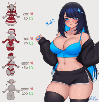 1girl absurdres anna_o_renko artist_name black_hair black_shorts black_thighhighs blue_bra blue_eyes blue_hair blue_nails blush bra breasts cleavage colored_inner_hair commentary dolphin_shorts english_commentary fingernails grey_background hands_up highres large_breasts long_hair looking_at_viewer multicolored_hair nail_polish navel off_shoulder original parted_lips shorts solo stomach thighhighs twitter_strip_game underwear very_long_hair