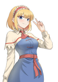 1girl absurdres alice_margatroid ascot blonde_hair blue_dress blue_eyes blush breasts capelet closed_mouth commentary_request dress frilled_hairband frills hairband highres kiyo_(tomoki6107) lolita_hairband long_sleeves looking_at_viewer red_ascot red_hairband red_sash sash simple_background smile solo touhou v waist_sash white_background white_capelet