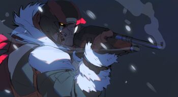 1boy bara boop_dega broken_jaw brown_gloves coat destiny_(game) fur-trimmed_coat fur_trim gloves glowing glowing_eyes grey_background gun holding holding_weapon humanoid_robot injury joints looking_afar male_focus muscular muscular_male no_humans original rifle robot robot_joints smoke snow solo weapon yellow_eyes