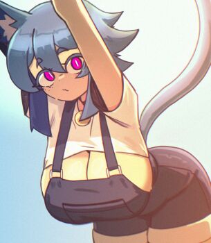 Rule 34 | 1girl, animal ear fluff, animal ears, arched back, bell, blue background, blue hair, breasts, cat ears, cat girl, cat tail, cleavage, closed mouth, cowboy shot, crop top, doce, female focus, freckles, hair between eyes, hanging breasts, highres, jingle bell, large breasts, leaning forward, looking at viewer, original, pink eyes, shirt, short hair, solo, suspenders, tail, white shirt, xiao (docecaedrus)