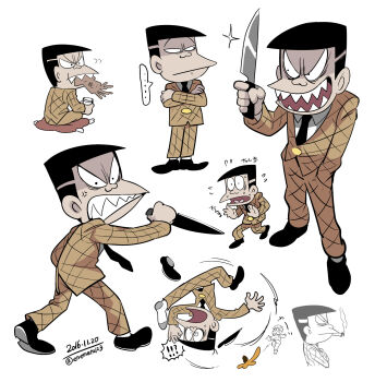 ... 2boys anger_vein banana_peel buttons clenched_teeth coat crossed_arms cup cushion eating evil_smile fleeing flying_sweatdrops formal_clothes garara382 highres holding holding_cup holding_knife holding_weapon jacket knife looking_back male_focus matsuno_osomatsu multiple_boys multiple_views nervous osomatsu-kun osomatsu_(series) pants parody plaid_clothes plaid_coat plaid_jacket plaid_pants profile sharp_teeth smile smoking squid style_parody suit teeth tougou_(osomatsu-kun) tripping weapon wide-eyed zabuton