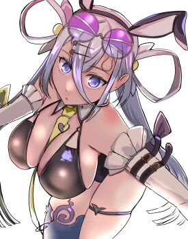 1girl absurdres animal_ears bare_shoulders black_one-piece_swimsuit blush breasts cleavage commentary_request detached_collar detached_sleeves eyewear_on_head fake_animal_ears fate/grand_order fate_(series) grey_hair hair_between_eyes hair_ornament hair_rings hairclip highleg highleg_one-piece_swimsuit highres huyan_zhuo_(fate) huyan_zhuo_(swimsuit_berserker)_(fate) kankitsu_kei large_breasts leaning_forward long_hair looking_at_viewer low_twintails necktie one-piece_swimsuit plunging_neckline purple_eyes solo sunglasses swimsuit thigh_strap thighs twintails very_long_hair