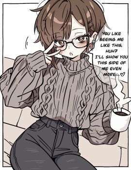 1girl asami-chan bags_under_eyes black-framed_eyewear black_pants brown_eyes brown_hair brown_sweater cowboy_shot cross cross_necklace earrings english_text flower freckles glasses hair_flower hair_ornament hairclip highres hozuki_asami_(asami-chan) jewelry looking_at_viewer necklace original pants ribbed_sweater sitting solo sweater turtleneck turtleneck_sweater