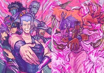 3others 5boys beard black_hair black_hat blue_skin blue_tube_top chain clenched_teeth colored_skin commentary_request dark-skinned_male dark_skin earrings facial_hair fire gakuran grey_hair grey_hat hat highres jean_pierre_polnareff jewelry jojo_no_kimyou_na_bouken joseph_joestar joseph_joestar_(old) kakyoin_noriaki kuujou_joutarou long_coat magician's_red mohammed_avdol multiple_boys multiple_others muscular muscular_male open_mouth peaked_cap pink_fire pink_robe pointing purple_hair ringodraws robe school_uniform silver_chariot spikes stand_(jojo) star_platinum stardust_crusaders strapless teeth tube_top wristband