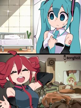 2girls :d ^_^ absurdres aqua_hair artist_name bed black_shirt black_sleeves bongftah breasts closed_eyes commentary detached_sleeves hatsune_miku highres indoors kasane_teto kasane_teto_(utau) long_hair medium_breasts multiple_girls open_mouth shirt smile symbol-only_commentary twintails utau vocaloid white_shirt