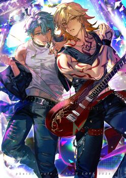 Rule 34 | 2boys, alternate costume, antenna hair, arm tattoo, belt, black belt, black choker, black jacket, black tank top, blonde hair, blue eyes, braid, ceiling light, chest tattoo, choker, commentary, denim, electric guitar, facial tattoo, gradient hair, guitar, highres, holding, holding guitar, holding instrument, honkai: star rail, honkai (series), instrument, jacket, jeans, male focus, medium hair, miothle, multicolored hair, multiple boys, mydei (honkai: star rail), off shoulder, open clothes, open jacket, pants, parted bangs, phainon (honkai: star rail), red hair, red tattoo, sample watermark, short hair, side braid, stage lights, tank top, tattoo, torn clothes, torn jeans, torn pants, untranslatable commentary, watermark, white hair, white tank top, yellow eyes