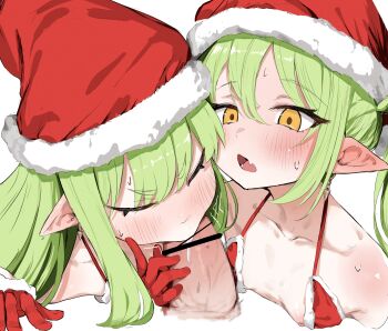 :> bikini blue_archive blush censored closed_eyes earrings esearu fellatio grey_hair hat hetero hikari_(blue_archive) jewelry loli mosaic_censoring nipples nozomi_(blue_archive) open_mouth oral penis pointy_ears pov red_bikini santa_hat siblings simple_background sweat sweatdrop swimsuit twins upper_body white_background yellow_eyes