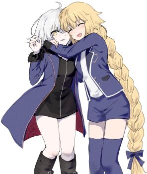 Rule 34 | 2girls, black shirt, blonde hair, blue jacket, blue necktie, blue thighhighs, braid, closed eyes, dual persona, fate/grand order, fate (series), highres, hug, jacket, jeanne d'arc (fate), jeanne d'arc alter (fate), long hair, multiple girls, necktie, nekwnek, one eye closed, shirt, short hair, simple background, thighhighs, very long hair, white hair, white shirt, yellow eyes