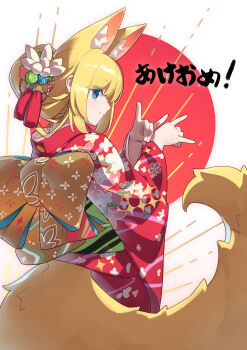 1girl absurdres akeome animal_ear_fluff animal_ears arukiru blonde_hair blue_eyes closed_mouth commentary_request double_fox_shadow_puppet floral_print floral_print_kimono fox_ears fox_shadow_puppet fox_tail from_behind hair_ornament happy_new_year highres japanese_clothes kimono long_sleeves looking_at_viewer new_year original print_kimono red_kimono smile solo tail translation_request wide_sleeves