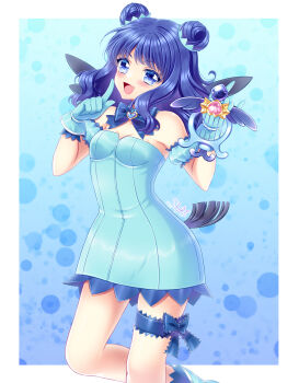 1girl absurdres aizawa_mint aqua_dress aqua_gloves bare_shoulders bird_girl bird_tail bird_wings blue_eyes blue_hair blue_theme blush breasts cleavage collarbone detached_sleeves double_bun dress finger_to_cheek frilled_thigh_strap gloves hair_bun highres holding holding_weapon long_hair looking_at_viewer medium_breasts mew_mint mintone_arrow open_mouth puffy_short_sleeves puffy_sleeves shirato_sayuri short_sleeves smile solo strapless strapless_dress tail thigh_strap tokyo_mew_mew tokyo_mew_mew_new weapon wings