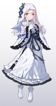 1girl absurdres ai_(girls_band_cry) blush chinese_commentary closed_mouth commentary_request cosplay cross cross_earrings dress earrings full_body girls_band_cry green_eyes highres hikami_meruru hikami_meruru_(cosplay) jewelry long_hair mahou_shoujo_no_majo_saiban nun shoes sidelocks simple_background solo steepled_fingers white_background white_dress white_hair white_shoes yun_cao_bing