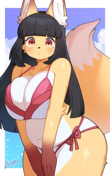 1girl animal_ears bikini black_hair blunt_bangs blush body_fur border breasts cleavage commentary_request fox_ears fox_girl fox_tail furry furry_female highres hikimayu huge_breasts long_hair looking_at_viewer navel original outside_border plump red_eyes ryuusui_arumo side-tie_bikini_bottom signature solo sweatdrop swimsuit tail thighs v_arms white_border