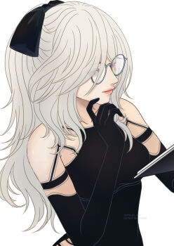 Rule 34 | 1girl, a2 (nier:automata), android, artist name, ass, bespectacled, blue eyes, book, breasts, commentary, english commentary, eyelashes, glasses, highres, holding, holding book, long hair, median furrow, medium breasts, mitsuki nite, nier:automata, nier (series), open book, parted lips, solo, standing, watermark, white hair