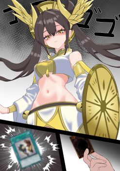 1girl bandeau bare_shoulders bell bell_earrings breasts brown_hair card cropped_shirt detached_sleeves duel_monster earrings folded_twintails gold_choker hair_ornament highres holding holding_card jewelry jingle_bell_earrings long_hair looking_at_viewer medium_breasts midriff navel ohime_the_manifested_mikanko oldsickkim shared_sense shield solo vest weapon wing_hair_ornament yellow_bandeau yellow_eyes yellow_sleeves yellow_vest yu-gi-oh!