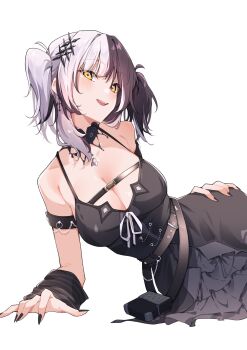1girl absurdres airenif arm_strap arm_support black_arm_warmers black_choker black_dress black_hair black_nails breasts choker cleavage dress grey_hair hand_on_own_hip highres hololive hololive_english large_breasts long_hair looking_at_viewer multicolored_hair ribbon shiori_novella shiori_novella_(1st_costume) simple_background solo split-color_hair striped_arm_warmers twintails two-tone_hair virtual_youtuber white_background white_ribbon yellow_eyes