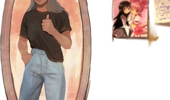Rule 34 | 1girl, akemi homura, angela he, black shirt, blurry, blurry background, cowboy shot, denim, eyes out of frame, facing viewer, grey hair, hand in pocket, head out of frame, highres, jeans, kaname madoka, long hair, mahou shoujo madoka magica, mirror, missed messages, non-web source, official art inset, pants, photo (object), pov, reflection, reflection focus, shirt, shirt tucked in, solo, t-shirt, thumbs up, transparent background, wide shot