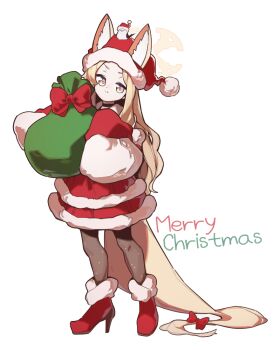 1girl absurdly_long_hair animal animal_ear_fluff animal_ears animal_on_head bag bird bird_on_head black_choker blonde_hair blue_archive bow choker christmas commentary dot_nose dress fox_ears fox_girl fox_tail fur-trimmed_headwear fur-trimmed_shoes fur-trimmed_sleeves fur_trim gift halo hat holding holding_bag korean_commentary long_hair looking_at_viewer on_head pantyhose red_bow santa_costume santa_dress santa_hat seia_(blue_archive) smile solo tail tail_ornament very_long_hair yellow_eyes yellow_halo yong_ta
