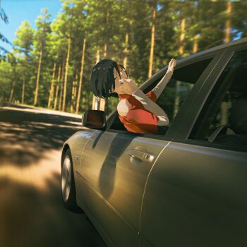 1girl black_hair blue_sky clothing_cutout commentary day english_commentary faiz_azhar film_grain forza forza_horizon_6 game_screenshot_background hair_between_eyes highres layered_sleeves long_sleeves motion_blur multicolored_hair open_window outdoors red_hair red_shirt screenshot_background shade shirt short_hair short_over_long_sleeves short_sleeves shoulder_cutout sky solo streaked_hair tree vehicle_request window