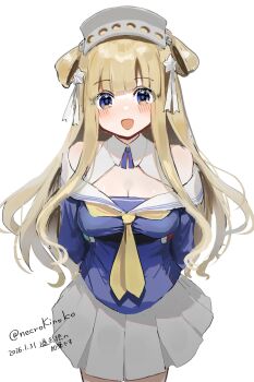Rule 34 | 1girl, absurdres, blonde hair, blue eyes, blue shirt, breasts, cleavage, commentary request, cowboy shot, dated, double bun, fletcher (kancolle), folded hair, hair bun, hair ornament, hairband, highres, kantai collection, large breasts, long hair, looking at viewer, neckerchief, off shoulder, sailor collar, sakura-konoha, school uniform, serafuku, shirt, skirt, smile, solo, star (symbol), star hair ornament, twitter username, white sailor collar, white skirt, yellow neckerchief
