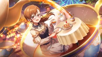 1girl brown_hair building cake carousel cup earrings ferris_wheel floating food futami_mami game_cg glasses holding idolmaster idolmaster_million_live! idolmaster_million_live!_theater_days jewelry liquid mini_person official_art open_mouth partially_submerged plate red_eyes sitting solo table teacup teapot