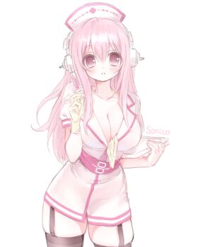 Rule 34 | 1girl, belt, breasts, character name, cleavage, commentary, dress, garter straps, gloves, hat, headphones, highres, holding, holding syringe, holding tray, large breasts, latex, latex gloves, long hair, looking at viewer, mipi (u3u 00), multiple belts, nitroplus, nurse, nurse cap, parted lips, pink eyes, pink hair, short dress, short sleeves, skindentation, solo, super sonico, symbol-only commentary, syringe, thighhighs, tray, unworn gloves, very long hair