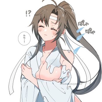 1girl ahoge alternate_costume bare_shoulders black_hair blush borrowed_clothes breasts brown_hair chinese_clothes cleavage closed_eyes closed_mouth collarbone covering_breasts covering_privates crossed_arms facing_viewer genderswap genderswap_(mtf) hair_ribbon hanfu headband high_ponytail highres large_breasts long_hair long_sleeves modao_zushi parted_bangs ponytail ribbon robe sidelocks simple_background single_bare_shoulder solo speech_bubble sweat sweatdrop tearing_up tears torn_clothes twitter_username upper_body very_long_hair wei_wuxian white_background white_hanfu white_headband white_ribbon wide_sleeves yaichi00