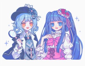 Rule 34 | 2girls, :d, blue eyes, blue hair, bow, bowtie, braid, braided hair rings, capelet, commentary request, corset, crossover, furudo erika, hair rings, hat, juliet sleeves, korean commentary, lapels, long hair, long sleeves, looking at viewer, magnifying glass, mahou shoujo no majo saiban, multiple girls, necktie, oharalove11, open mouth, pink corset, puffy sleeves, simple background, smile, tachibana sherry, trait connection, umineko no naku koro ni, upper body, white background, yellow eyes