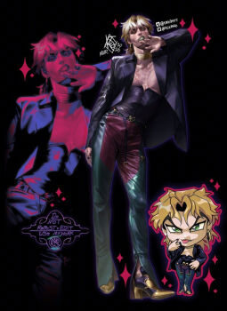 Rule 34 | 1boy, belt, black corset, blazer, blonde hair, chibi, chibi inset, corset, dio brando, fang, full body, girly boy, green eyes, green lips, high heels, jacket, jojo no kimyou na bouken, lipstick, long sleeves, makeup, male focus, painterly, pants, realistic, sparkle, standing, stardust crusaders, tmblyeet, tongue, tongue out