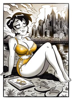 1girl andymax barefoot black_hair bra breasts building cityscape cleavage flip-flops greyscale highres large_breasts monochrome original panties sandals shoes short_hair signature sitting skyscraper solo spot_color underwear unworn_shoes viola_delaine_(andymax) yellow_bra yellow_panties