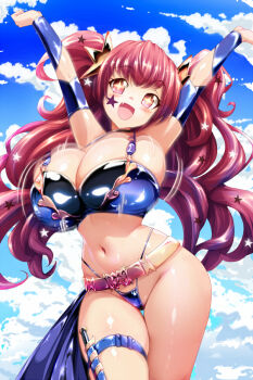 1girl bikini blue_sky breasts cleavage cloud cloudy_sky facial_mark fire_emblem fire_emblem_engage hair_ornament large_breasts long_hair looking_at_viewer nintendo open_mouth red_eyes red_hair sky smile solo star_(symbol) star_facial_mark star_hair_ornament swimsuit yanmarson yunaka_(fire_emblem)