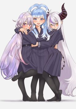 Rule 34 | 3girls, absurdres, aiharararara, averting eyes, belt, bilingual commentary, black thighhighs, blue eyes, blue hair, blush, breasts, closed mouth, commentary, demon girl, demon horns, dress, ear piercing, english commentary, eyebrows hidden by hair, feet, flat chest, from side, full body, girl sandwich, hair between eyes, hair rings, hand on another's hip, hand on another's shoulder, highres, hololive, hololive english, hololive indonesia, horns, hug, kobo kanaeru, koseki bijou, la+ darknesss, long hair, looking at viewer, looking to the side, medium breasts, mixed-language commentary, multiple girls, nail polish, open mouth, pantyhose, piercing, pointy ears, purple dress, purple eyes, purple hair, sandwiched, school uniform, simple background, slit pupils, soles, soles of feet in socks, standing, standing on one leg, thighhighs, toes, toes visible through clothing, tongue, tongue out, very long hair, virtual youtuber, white background
