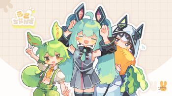 3girls :d ahoge arms_up bare_shoulders black_sleeves black_thighhighs blue_hair blue_necktie blush_stickers carrot cevio closed_eyes collared_shirt commentary cowboy_shot detached_sleeves double_v food green_hair green_shorts grey_background grey_shirt grey_skirt grid_background hatsune_miku holding holding_food kafu_(cevio) long_hair long_sleeves midriff miniskirt multiple_girls navel necktie number_tattoo open_mouth orange_necktie outline pleated_skirt shirt short_sleeves shorts shoulder_tattoo signature skirt sleeveless sleeveless_shirt smile suspender_shorts suspenders tabunnanhun tattoo thighhighs twintails v vocaloid voicevox white_outline white_shirt zettai_ryouiki zundamon