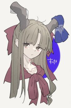 blush bow brown_horns commentary_request hair_bow highres horn_ornament horn_ribbon horns ibuki_suika o_(crazyoton46) oni orange_hair ribbon simple_background touhou