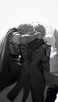 2boys beard blurry bracer cape couple depth_of_field facial_hair from_behind greyscale guardians_of_the_galaxy hashtag-only_commentary highres jacket kiss limach-an long_hair male_focus marvel monochrome multiple_boys muscular muscular_male peter_quill short_hair sitting star-lord thor_(marvel) thor_(marvel)_(series) white_background yaoi