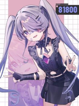 Rule 34 | 1girl, absurdres, bandaid, bandaid on cheek, bandaid on face, bandaid on nose, black gloves, black shirt, black skirt, chest jewel, commentary, double v, fingerless gloves, gem, gloves, hair ornament, hair over one eye, hairclip, highres, hololive, hololive english, jewel under eye, koseki bijou, koseki bijou (casual), long hair, looking at viewer, miniskirt, official alternate costume, official alternate hairstyle, parallel hairclips, purple eyes, purple gem, purple hair, ricke 2002, shirt, sidelocks, skirt, swept bangs, twintails, v, very long hair, virtual youtuber, zoom layer