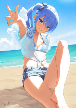 1girl alternate_costume barefoot beach bikini bikini_under_clothes blue_bikini blue_eyes blue_hair blue_nails blue_sky commentary denim denim_shorts flat_chest grin hair_ornament hair_scrunchie highres hololive hoshimachi_suisei looking_at_viewer makimaki_makky7 micro_shorts ocean outdoors outstretched_arm scrunchie shirt shore shorts side_ponytail sitting sky smile solo swimsuit tied_shirt v virtual_youtuber white_shirt