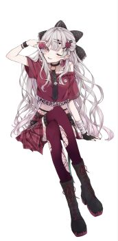 1girl ahoge black_boots black_gloves black_necktie boots crossed_legs fingerless_gloves fishnet_pantyhose fishnets full_body gloves grey_hair hair_ornament hand_up heart highres invisible_chair ishigami_nozomi long_hair mame_maccha necktie nijisanji one_eye_closed pantyhose parted_lips pink_eyes pink_shirt red_thighhighs shirt short_sleeves simple_background single_glove sitting skirt smile solo thighhighs thighhighs_over_pantyhose torn_clothes torn_thighhighs v very_long_hair virtual_youtuber white_background