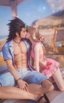 1boy 1girl 3d abs aerith_gainsborough aerith_gainsborough_(pink_mermaid) beach bikini bikini_skirt black_hair blue_shirt blue_sky blurry blurry_background bracelet braid braided_ponytail breasts brown_hair closed_eyes commentary costa_del_sol couple english_commentary facing_another facing_to_the_side feet_out_of_frame final_fantasy final_fantasy_vii final_fantasy_vii_ever_crisis final_fantasy_vii_rebirth final_fantasy_vii_remake floral_print flower hair_flower hair_ornament hair_slicked_back hand_on_another&#039;s_waist highres indian_style jewelry kiss kneeling long_hair male_swimwear necklace official_alternate_costume open_clothes open_shirt outdoors parted_bangs pectorals pink_bikini pink_flower ponytail print_shirt ring sandals shirt sitting sky small_breasts spiked_hair sreliata stomach swim_trunks swimsuit zack_fair zack_fair_(surfer_look)
