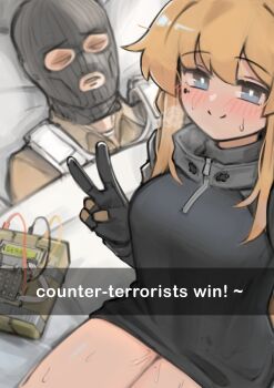 1boy 1girl absurdres balaclava black_gloves black_sweater blonde_hair bomb c4 counter-strike_(series) english_text exhausted explosive gloves guy_tired_after_sex_(meme) highres implied_sex indie_virtual_youtuber meme mole mole_under_eye original seggs_(meme) selfie sleeping snapchat sweater terrorist time_bomb v virtual_youtuber whiskey_project xerbatt zipper zipper_pull_tab