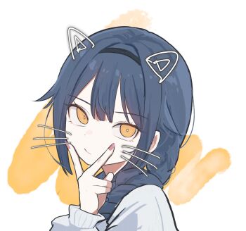 1girl black_hairband blue_hair braid bright_pupils commentary_request drawn_ears drawn_whiskers from_side gangzi_(vtuber) hairband hand_on_own_face highres inward_v korean_commentary long_hair long_sleeves nail_polish orange_eyes pink_nails portrait seongda sidelocks simple_background single_braid solo stellive sweater v v_over_mouth virtual_youtuber white_sweater