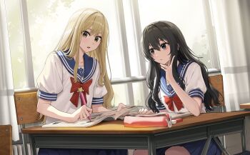 2girls absurdres blonde_hair bow bowtie brown_eyes brown_hair collarbone commentary commission gender_request goback highres indoors long_hair looking_at_another multiple_girls open_mouth original pleated_skirt red_bow red_bowtie sailor_collar school_uniform serafuku shirt sitting skirt teeth trap very_long_hair white_shirt